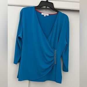 Ellen Tracy Blue Embellished Wrap Blouse Size XL